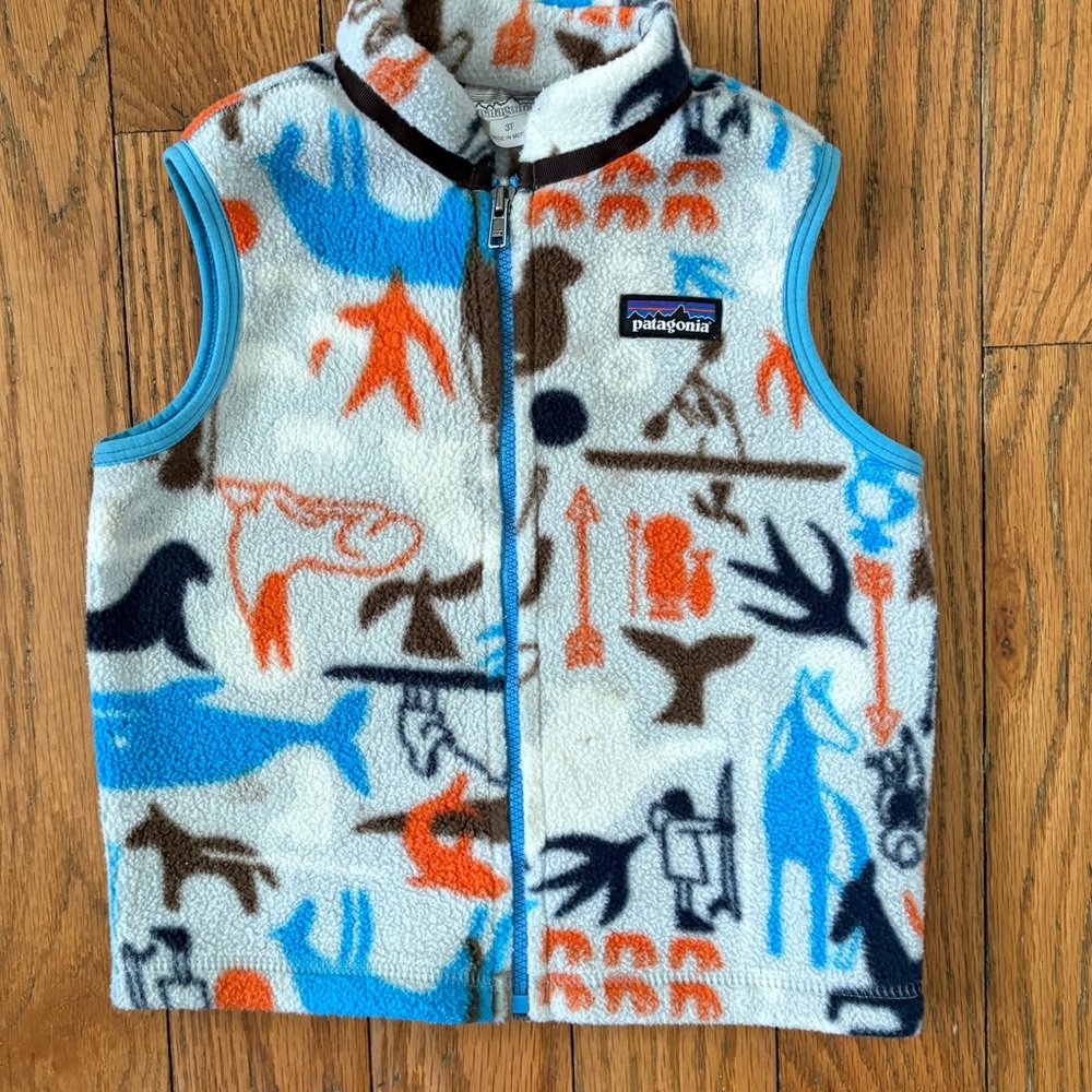 Patagonia Fleece Vest in White, Blue, Orange & Brown